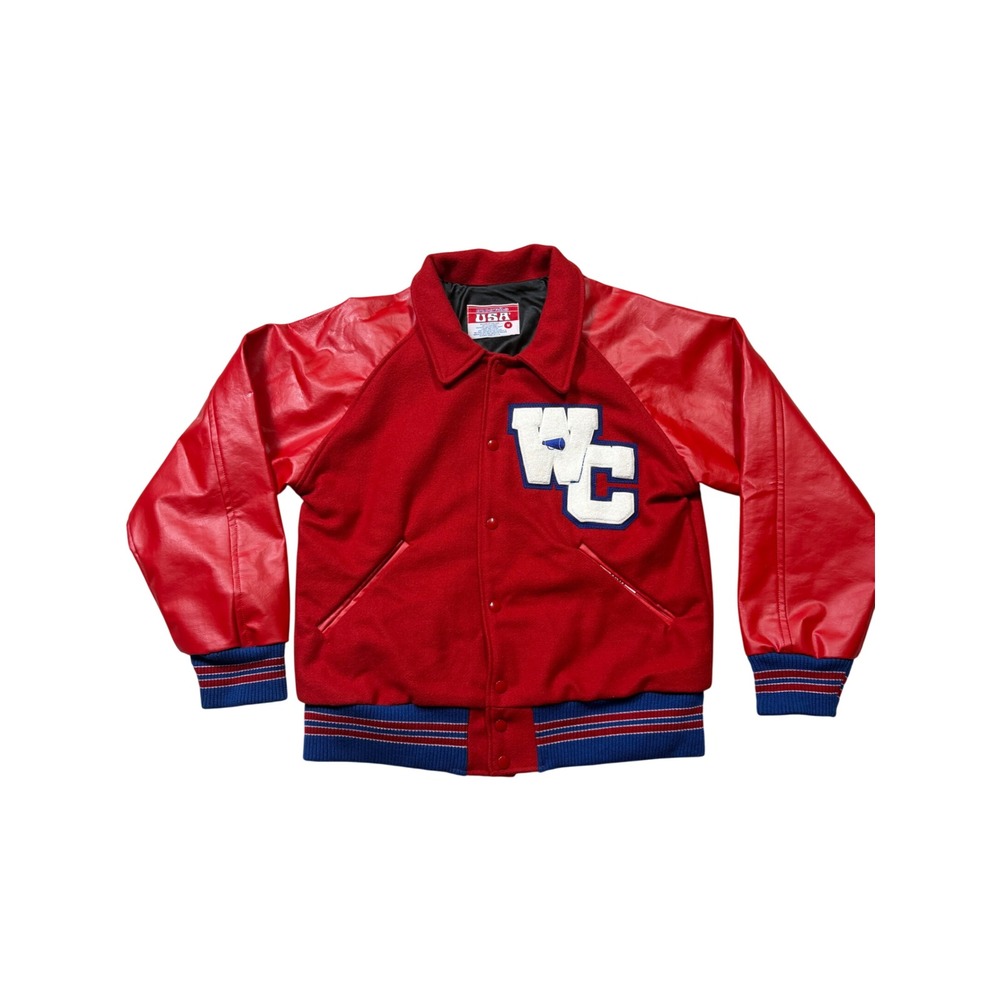 Vintage 90s Red Letterman‎ Varsity Jacket Cheerleader Wool Vinyl USA Made – M